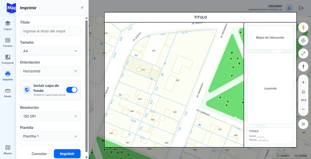 Impresión y exportación de mapas en PDF en Mappi Client